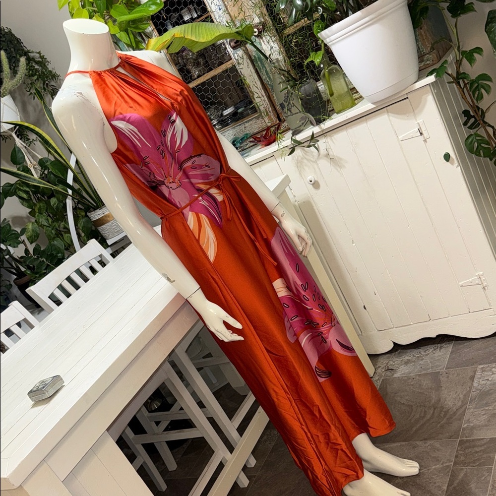 Suzy Shier Rust Orange Gathered Waist maxi Dress Sm NWOT